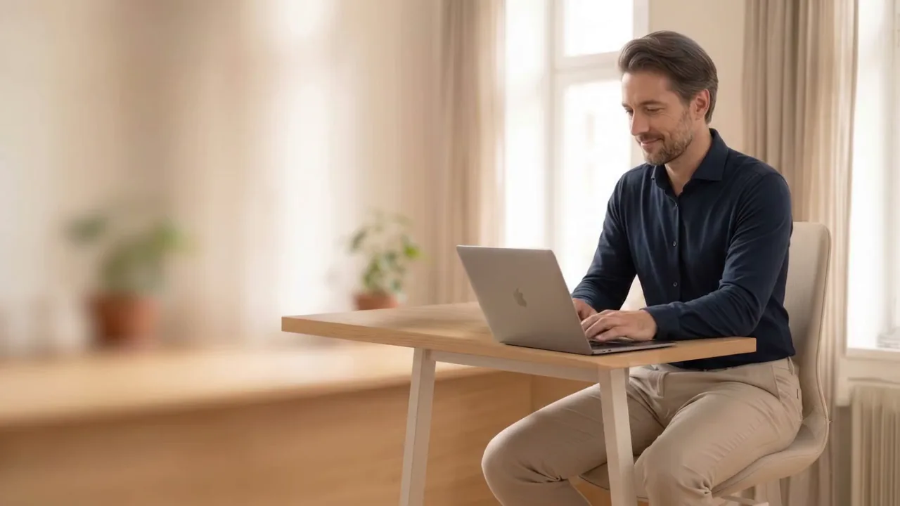 Company director reviewing his pension plan on his laptop