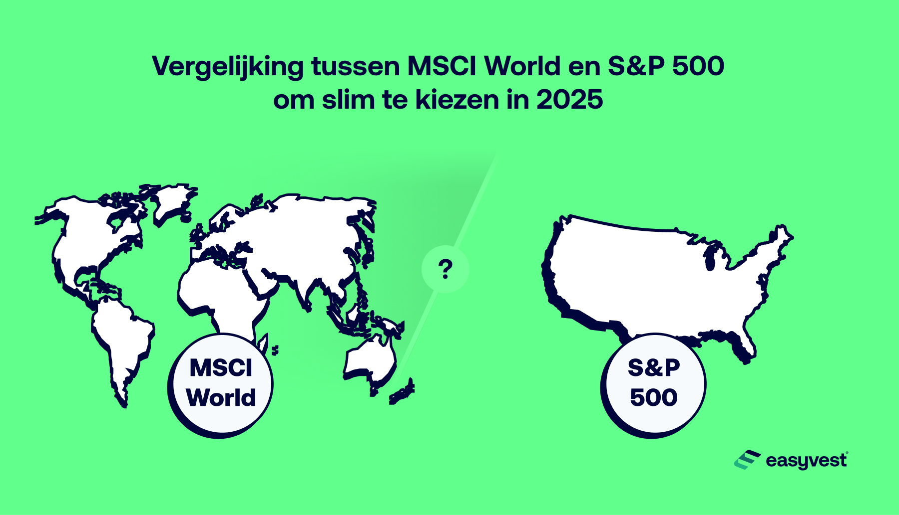 Een vraagteken tussen een wereldkaart en een kaart van de VS illustreert de keuze tussen de indices MSCI en S&P